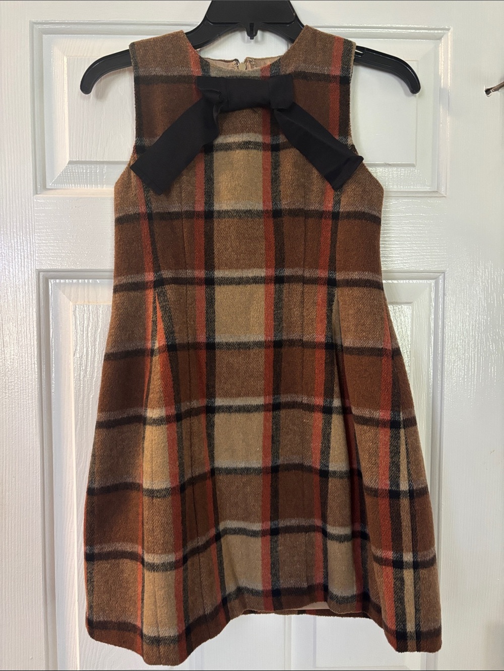 Girls Plaid Bow-Front Fall Dress in Brown and Tan